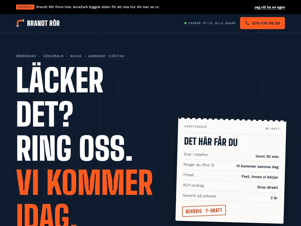 Exempelsida för rörmokaren Brandt Rör: stor rubrik, ringknapp och en arbetsorder med fast pris